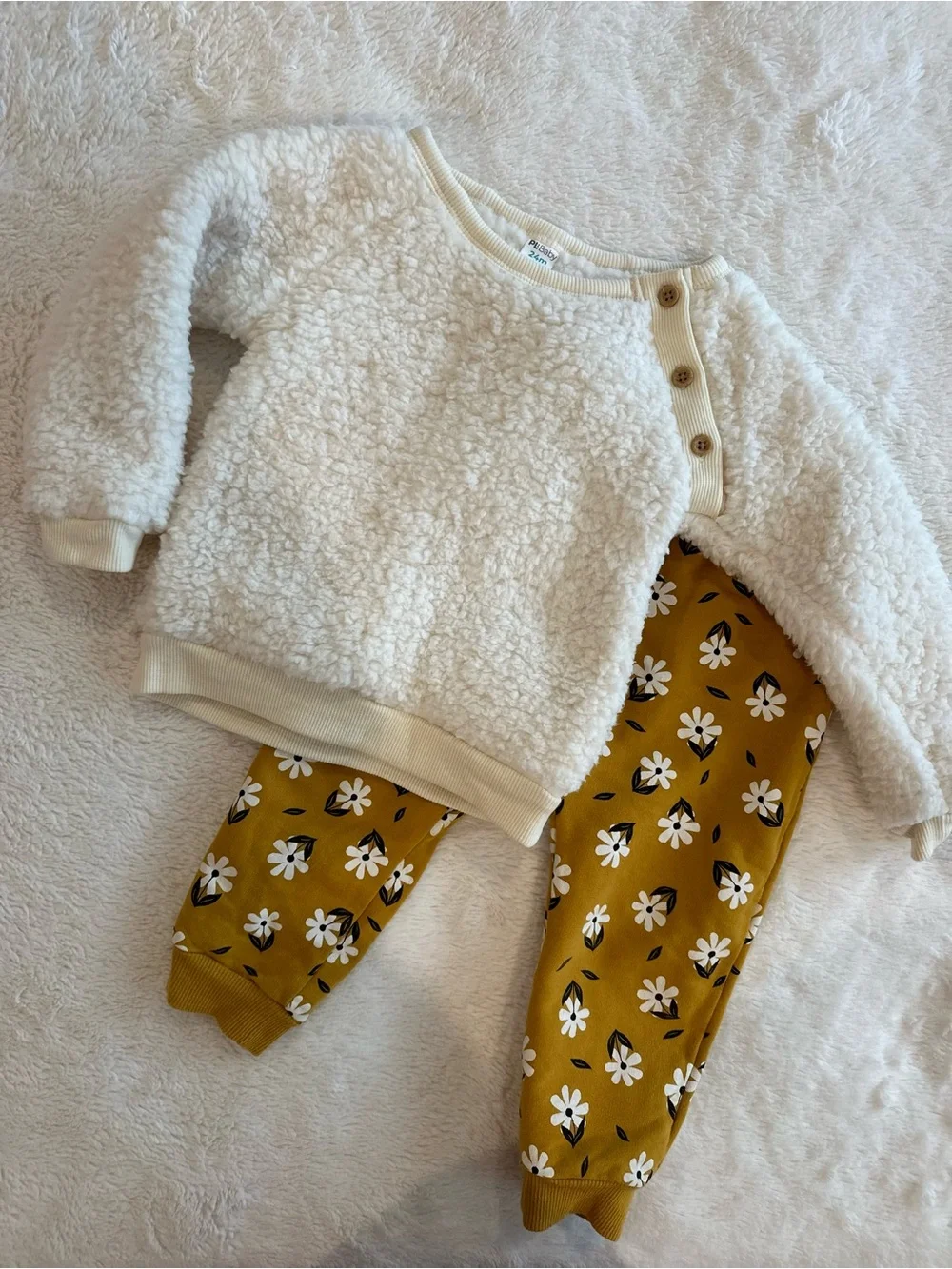 Cozy Cream Sherpa Top & Mustard Floral Jogger Set - Kids Matching Set